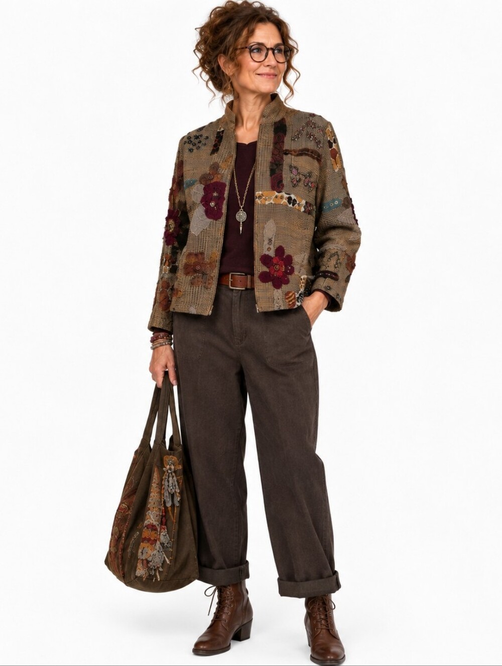 Artsy Patchwork Zip Up‎ Jacket S Brown Embellished Sequins Fall Teacher Eclectic